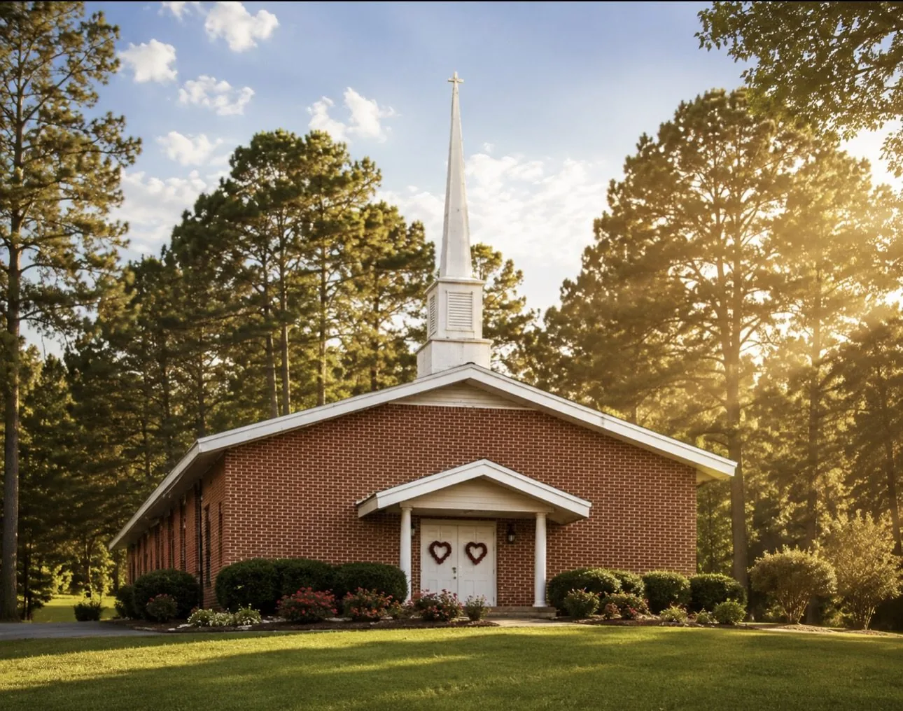 Saugahatchee Church — a brick church with a white steeple, framed by tall pines in the golden evening light