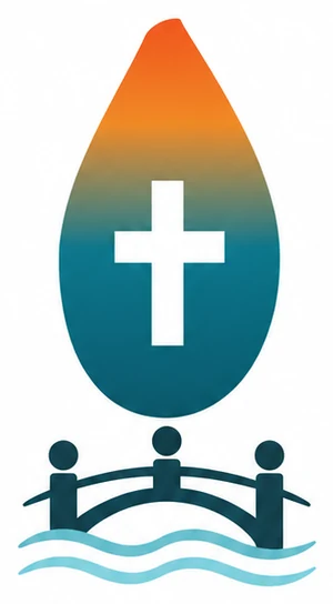 The Crossing mark — flame and cross above friends crossing a bridge together